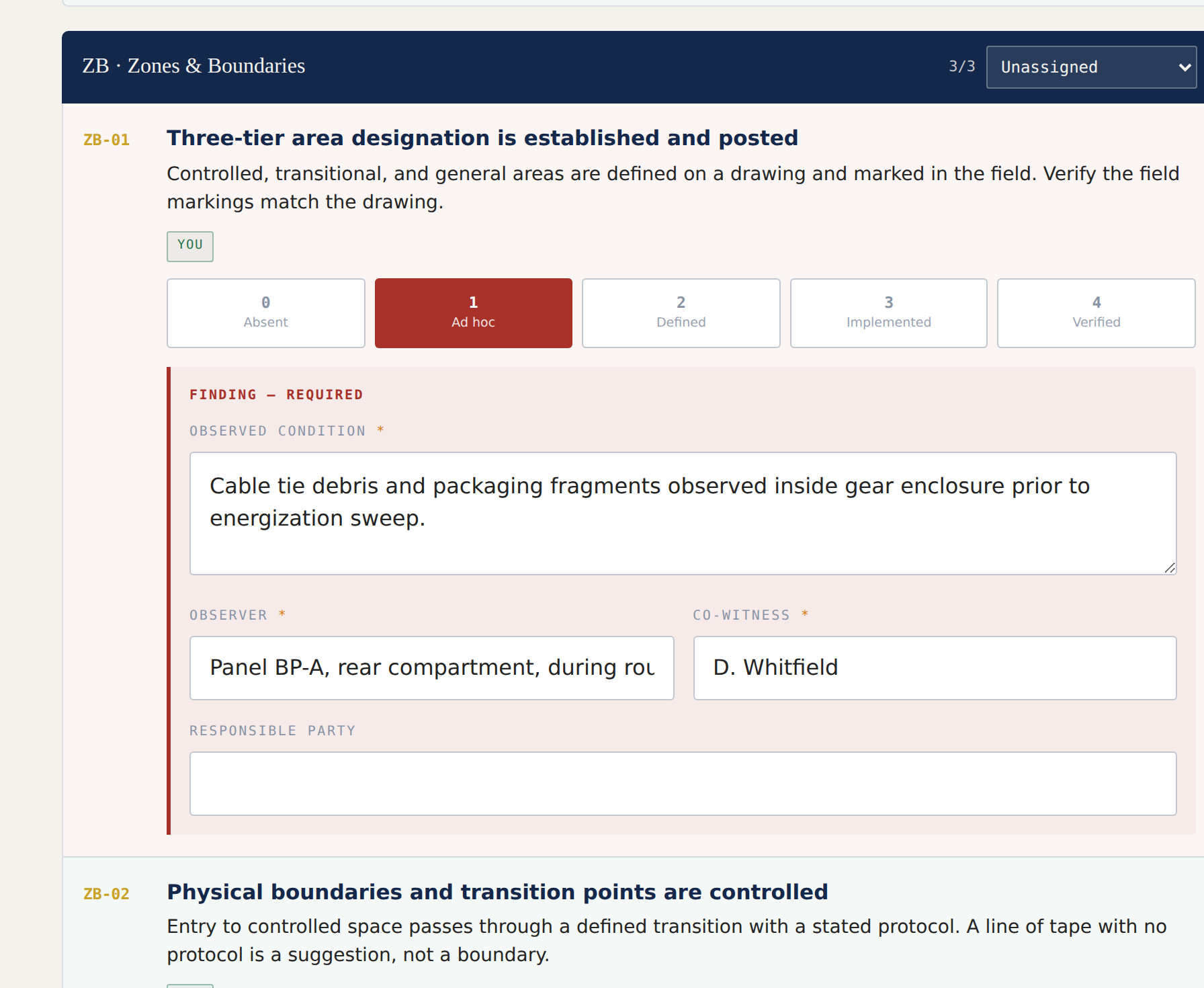 QCxC Field application showing a flagged finding mid-assessment, with maturity score, observed condition, and mandatory co-witness fields