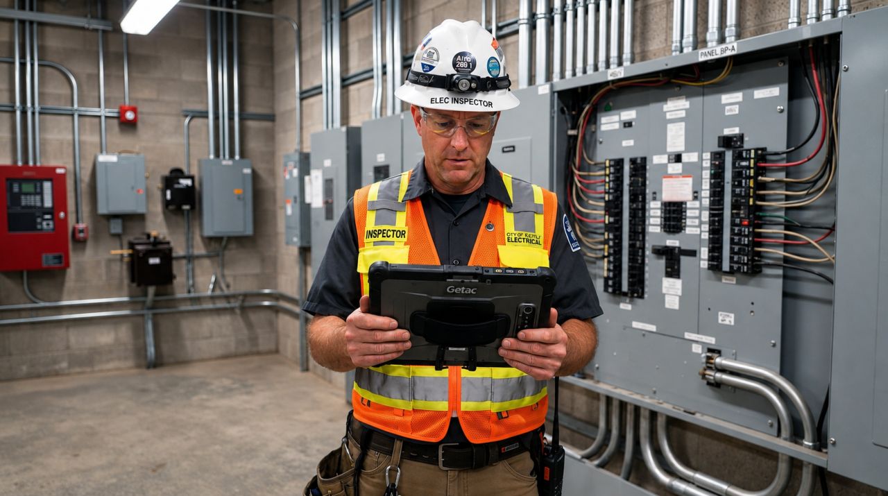 Electrical inspector reviewing a panel schedule on a rugged tablet in an equipment room